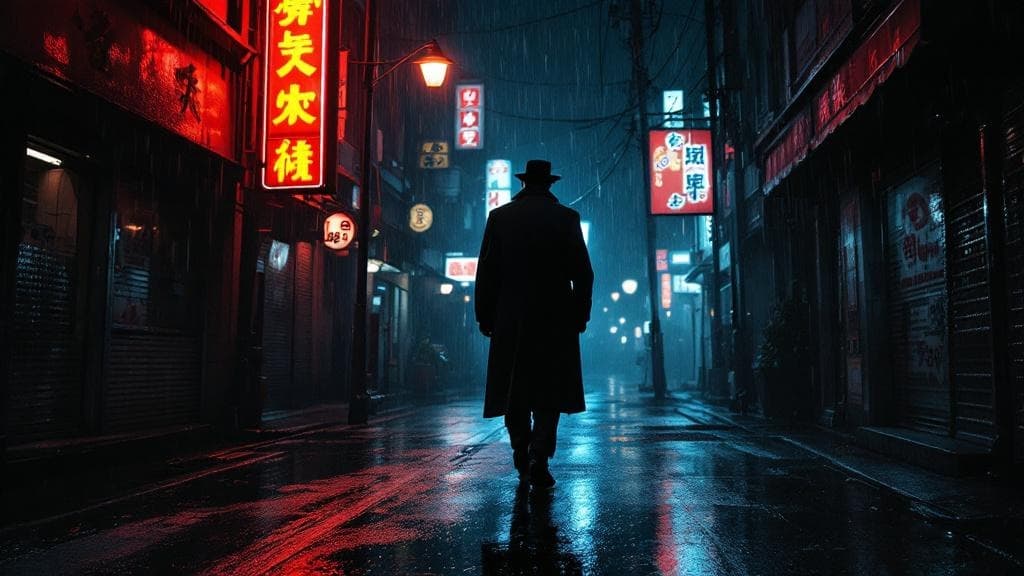 Dark cinematic noir of a detective in a rain-soaked Tokyo alley.