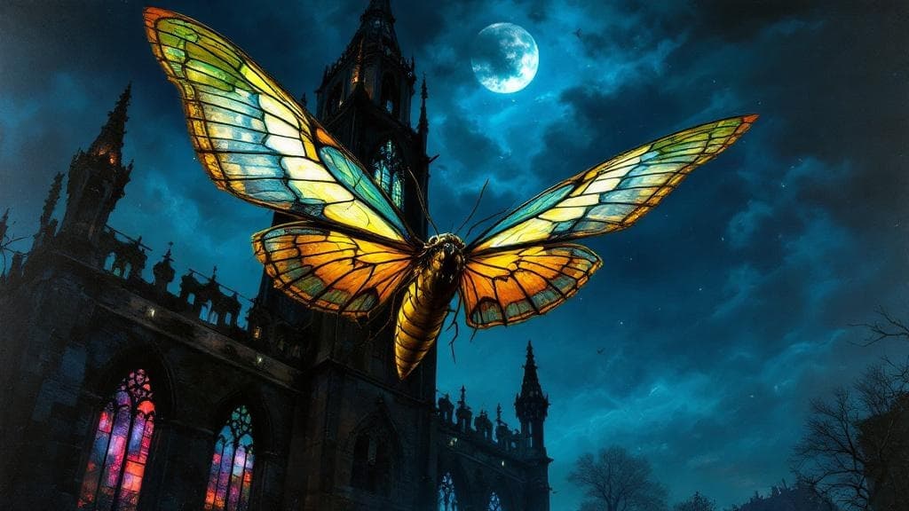 Surreal oil painting of a giant moth with stained-glass wings on a cathedral spire.