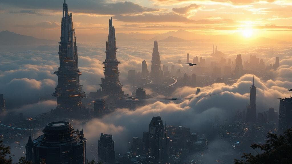 Sci-fi cityscape at dawn with terraced megastructures piercing low clouds.