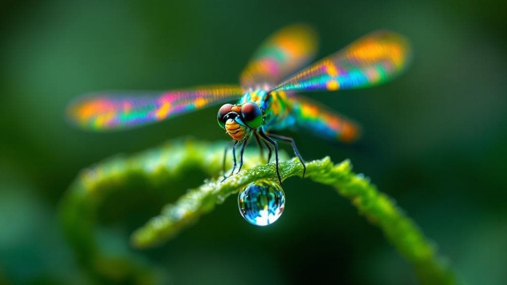 Macro photograph of an iridescent dragonfly on a single dewdrop on a fern.