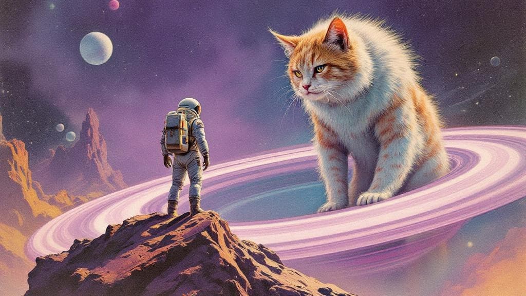 Vintage 1970s sci-fi paperback illustration: an astronaut and a giant feline alien on a violet ringed planet.