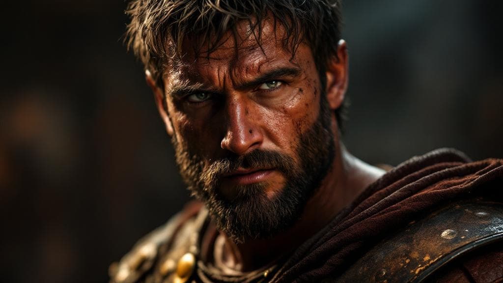 Studio character portrait of a Roman gladiator in iron-banded leather armor.