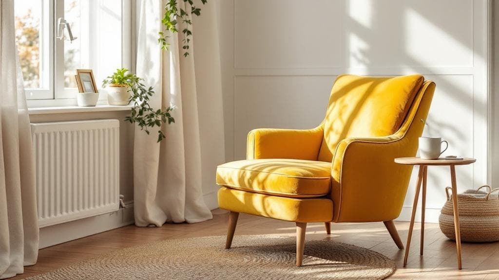 Mustard-yellow velvet armchair in a sun-lit Scandinavian living room.