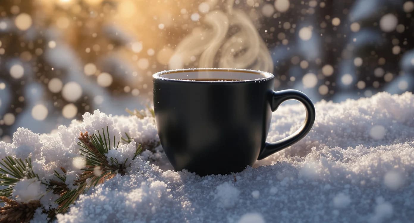 Hero product shot of a matte-black ceramic coffee cup on a snow-covered pine surface at golden hour.