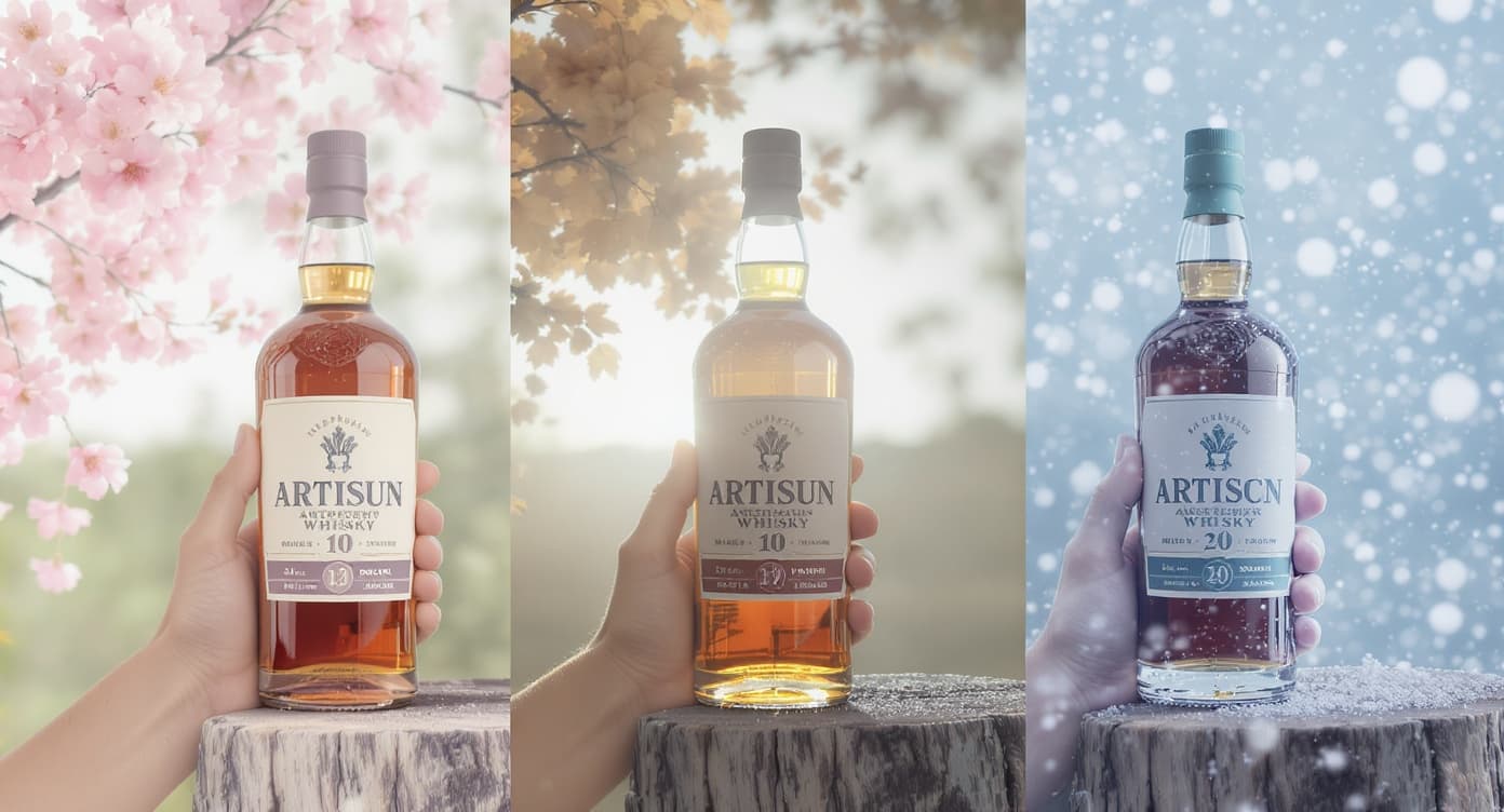 Same artisan amber whisky bottle photographed across four seasons of light.