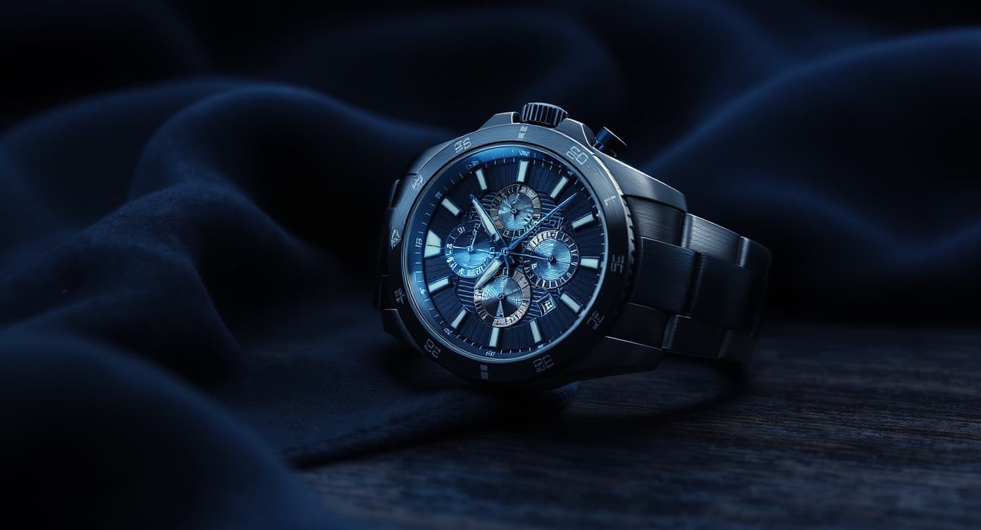 Brand variant of a luxury wristwatch on dark walnut in a cool blue palette.