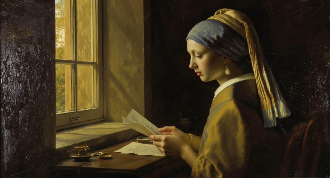 Old-master oil painting of a young woman at a sunlit window reading a letter.