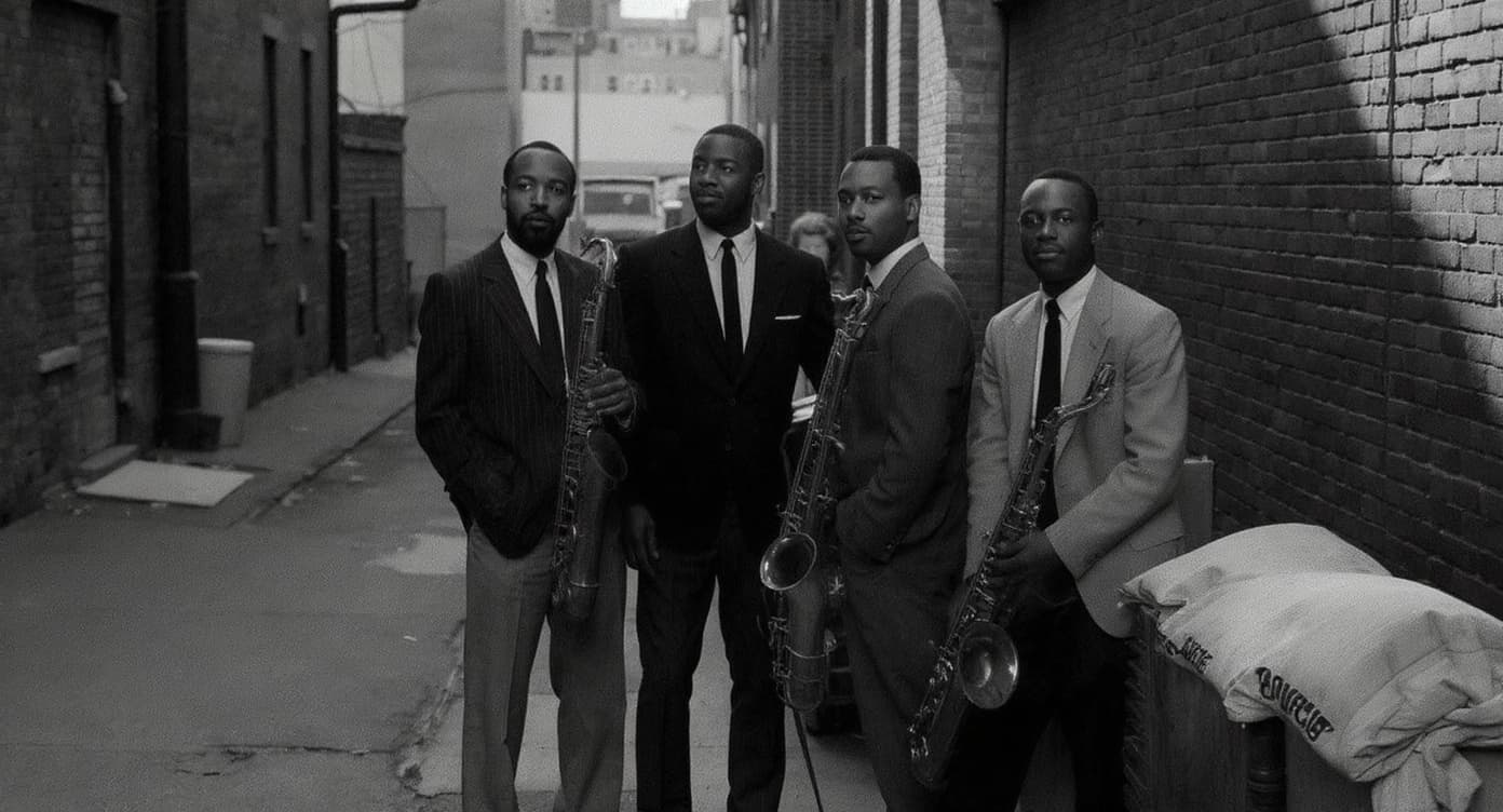 Restored vintage 1960s jazz quartet album cover in a New York alley.