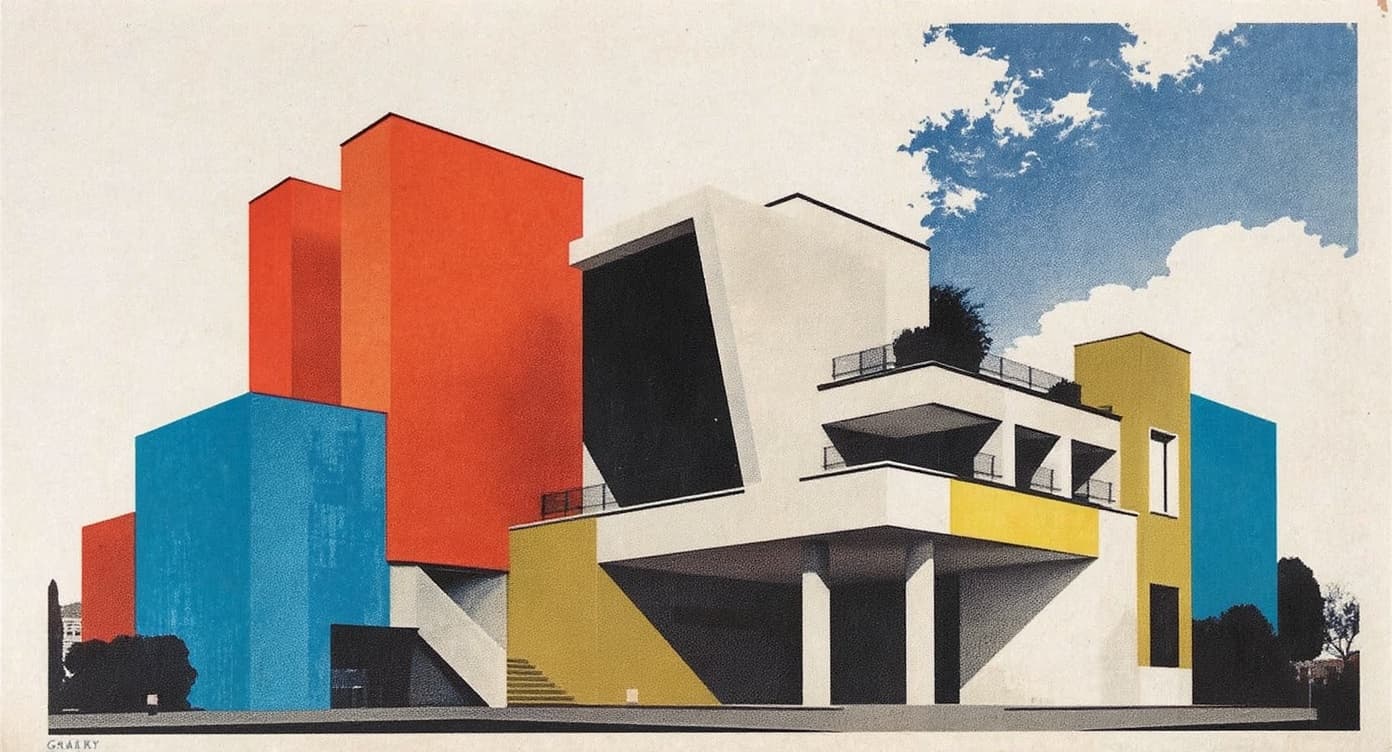 Style transfer of a modernist building rendered as a Bauhaus-style architectural diagram.