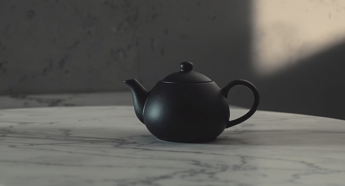 Hero brand variation of a single matte-black ceramic teapot on cool grey marble at dawn.