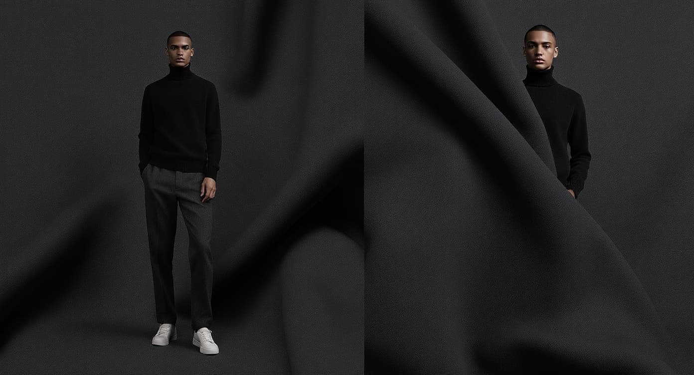 Studio editorial of a model in a black cashmere turtleneck.