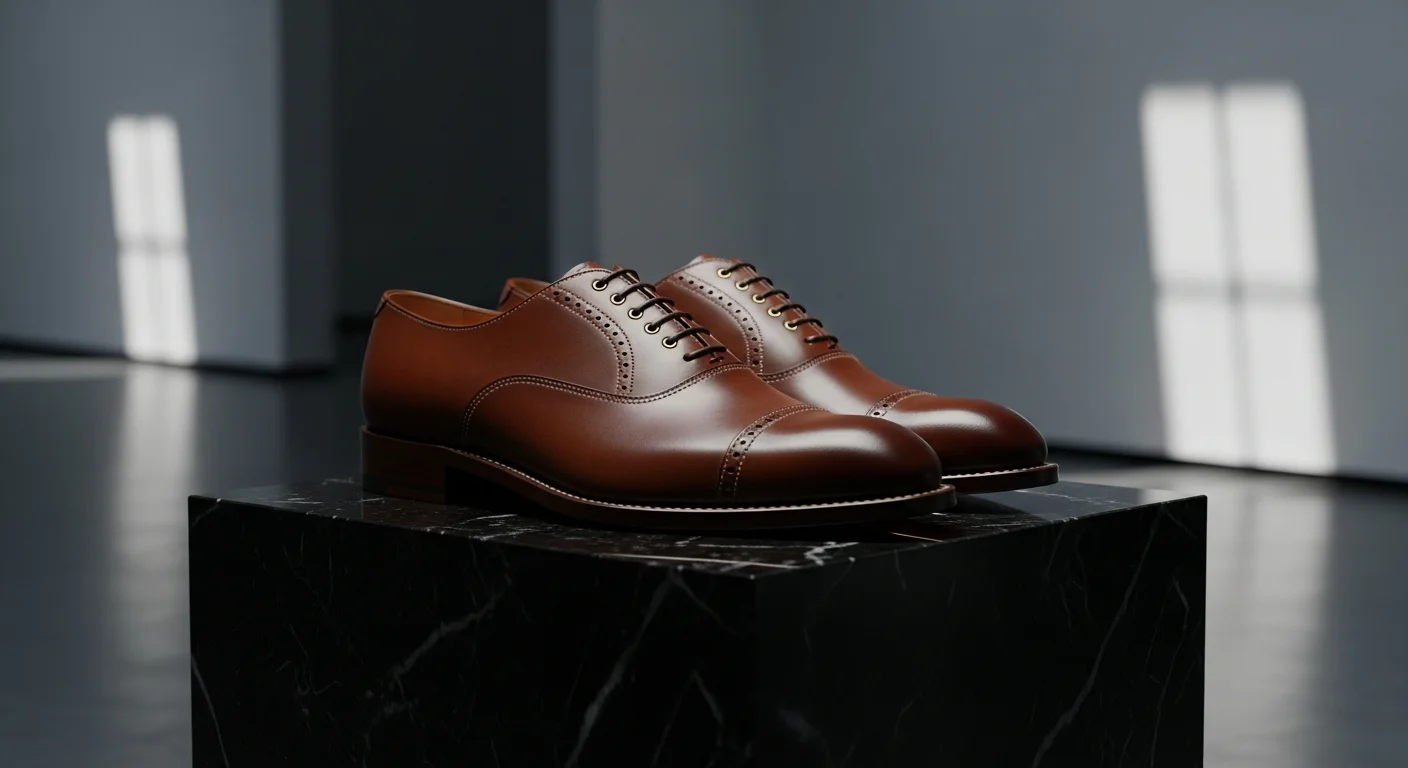 Studio product photo of luxury Italian leather oxford shoes on a polished black marble plinth.