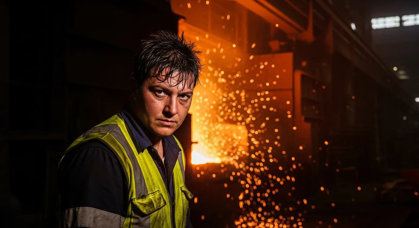 Environmental editorial portrait of a steelworker in fluorescent vest inside a working steel mill.