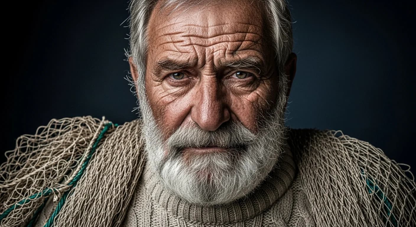 Editorial close-up portrait of a weathered Greek fisherman.