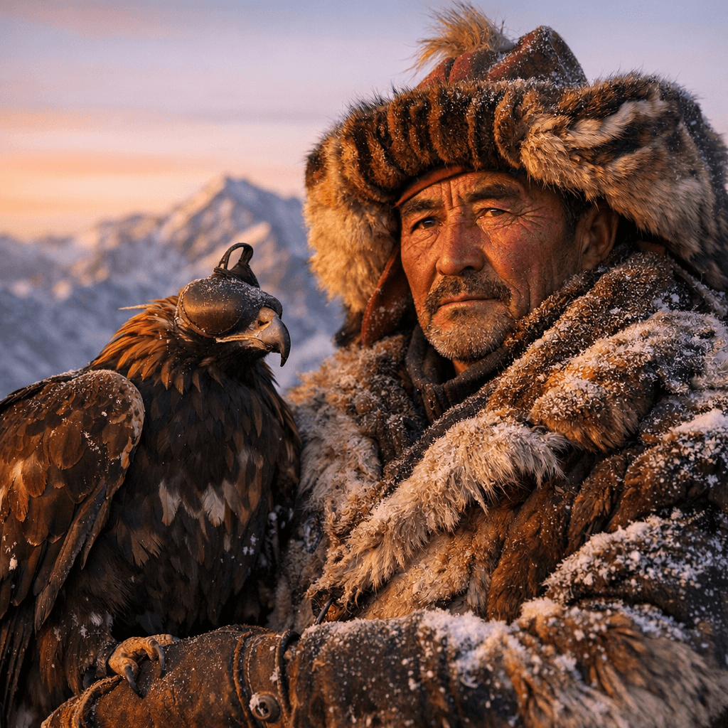 Editorial portrait of a Mongolian eagle hunter in winter furs at dawn with golden eagle on his arm.