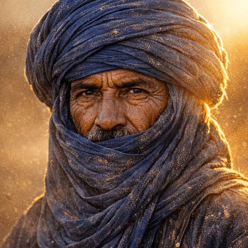 Editorial portrait of a Tuareg desert nomad in indigo turban, golden-hour rim-light.