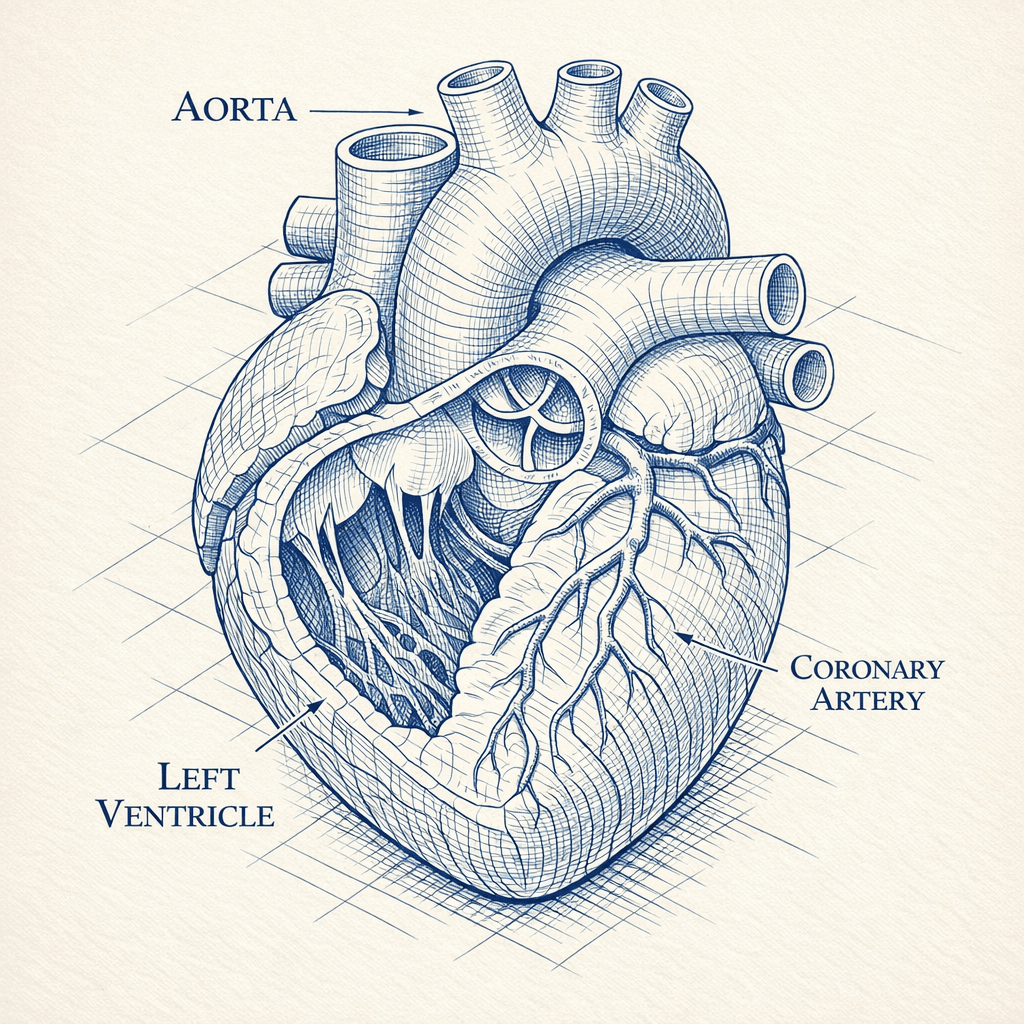 Anatomical cross-section of a human heart with labels on cream paper.