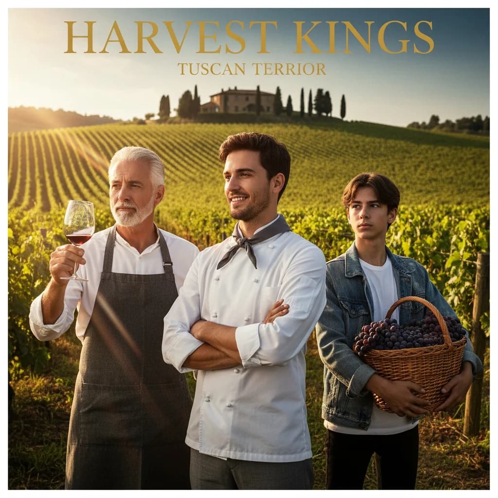 Three recurring characters at golden hour in a Tuscan vineyard — sommelier, chef, and apprentice.