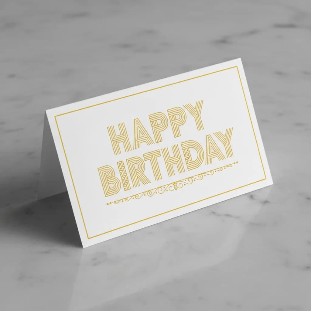 Studio product photo of a luxury 'Happy Birthday' greeting card on cool grey marble.