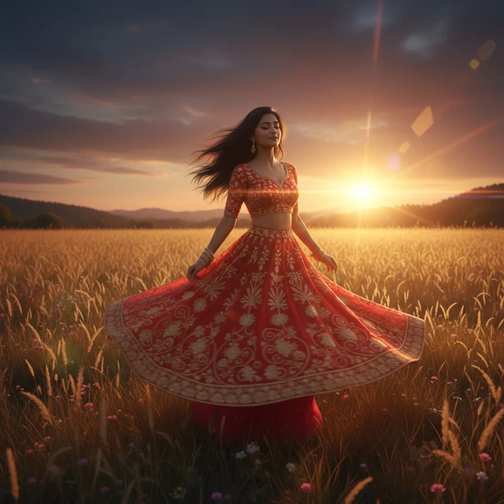 Cinematic still of a woman in a scarlet traditional dress spinning in a golden grassland.