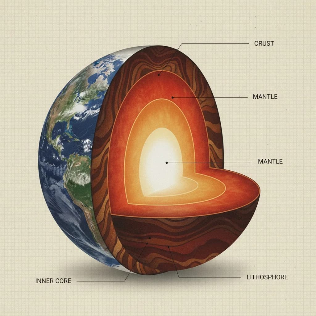 Editorial scientific infographic showing Earth's interior cross-section with labeled concentric layers.