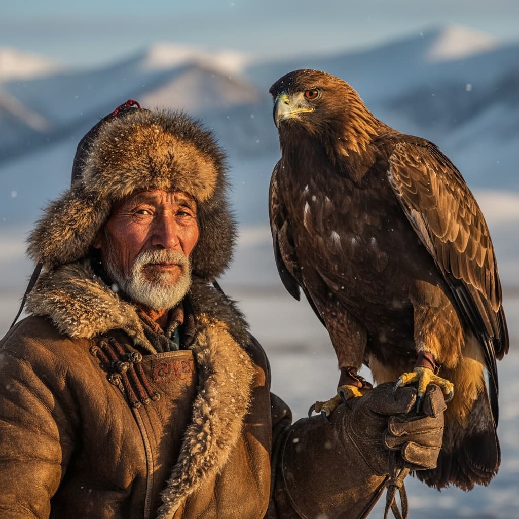 Editorial portrait of an elderly Mongolian eagle hunter in winter furs.