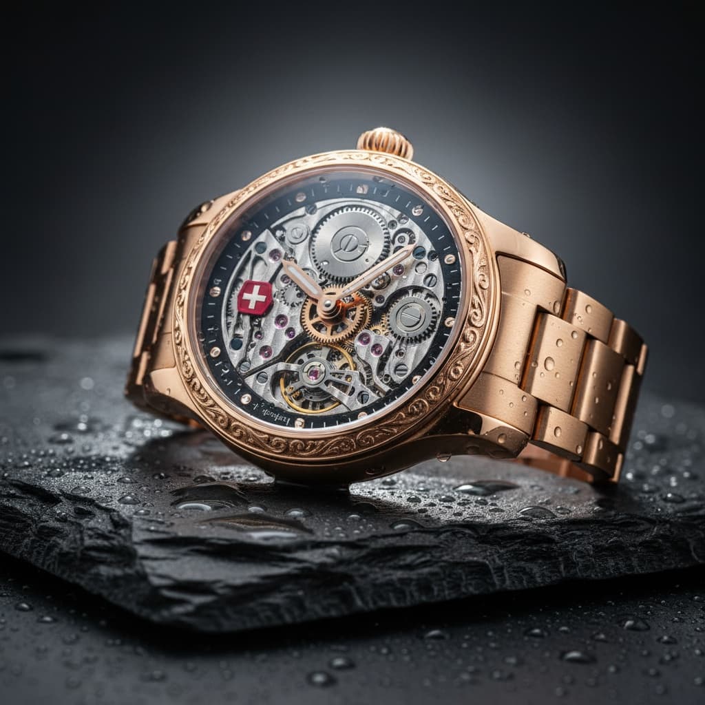 Studio product photo of a rose-gold Swiss mechanical watch on wet slate.