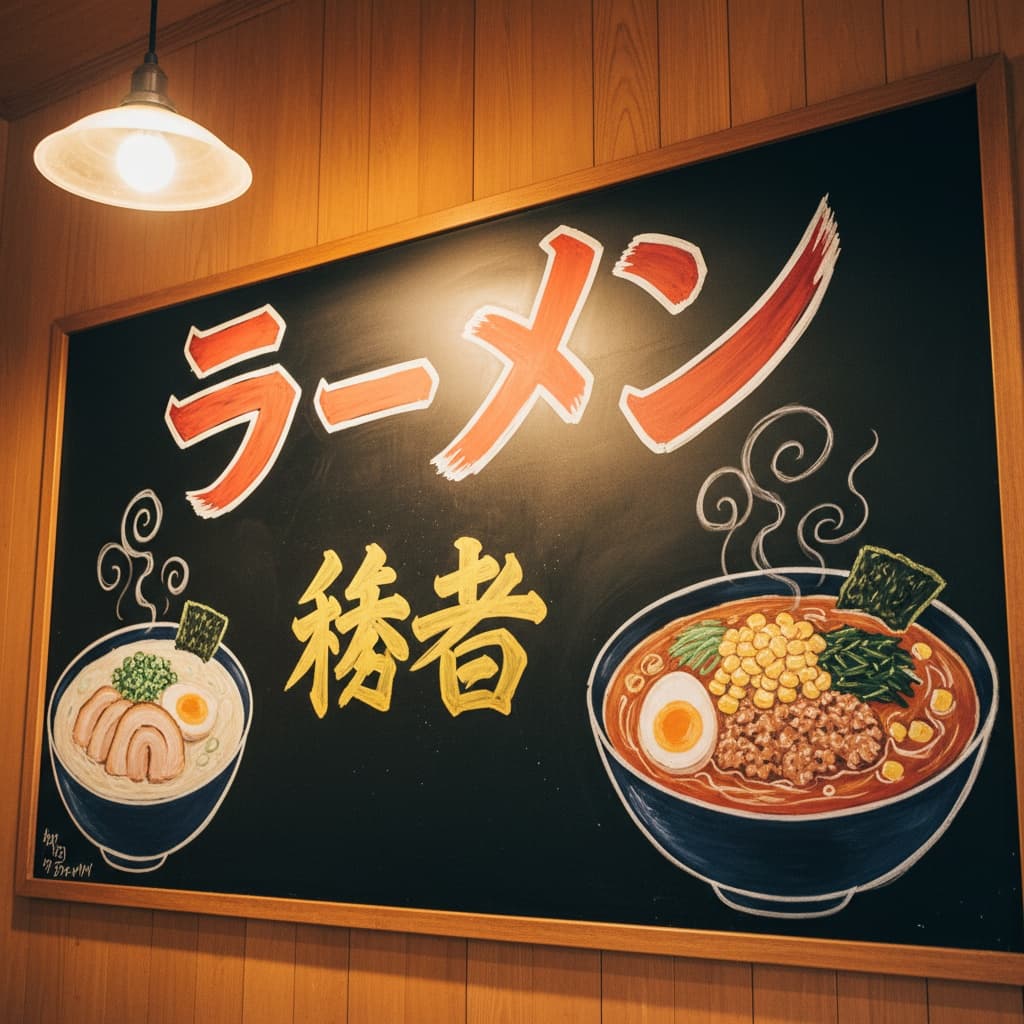 A Tokyo ramen shop chalkboard menu in vibrant hand-painted Japanese kanji.