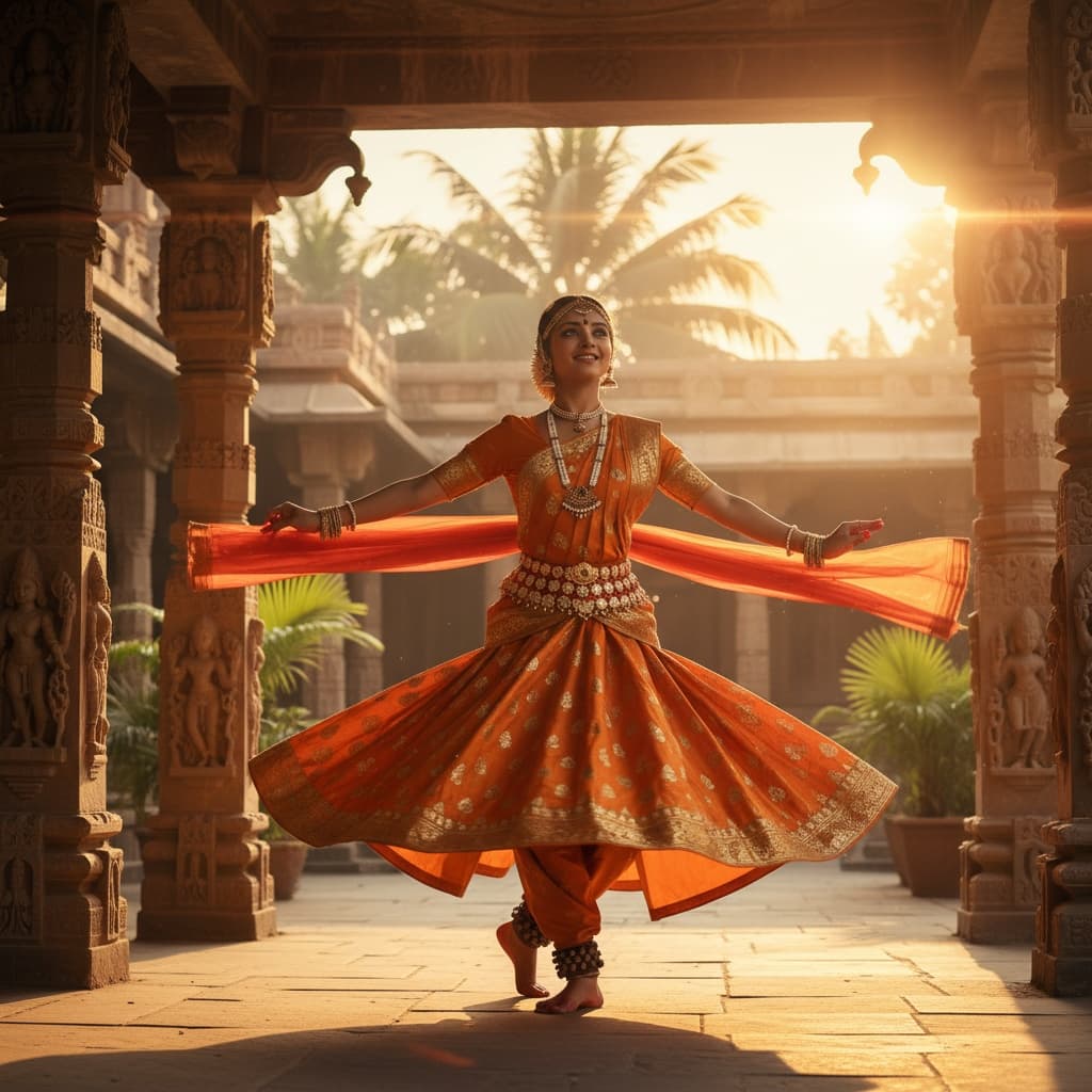 Cinematic still: a young Indian classical dancer mid-spiral in saffron silk at a temple courtyard.