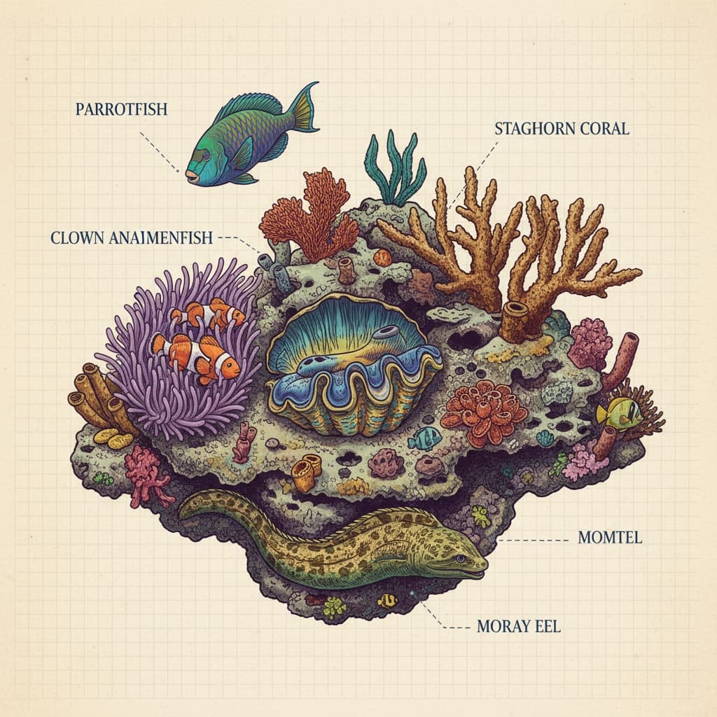 Hyper-detailed isometric infographic of a coral reef ecosystem with labeled marine species.