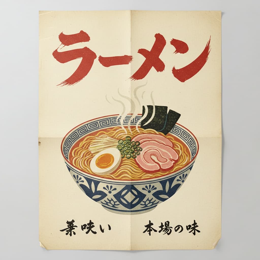 Vintage 1960s Japanese ramen poster with oversized retro brushstroke kanji.
