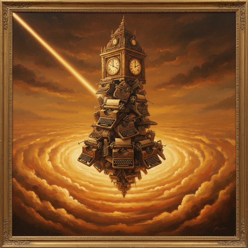 Surreal oil painting of a colossal clock-tower made of vintage typewriters above an amber cloud sea.