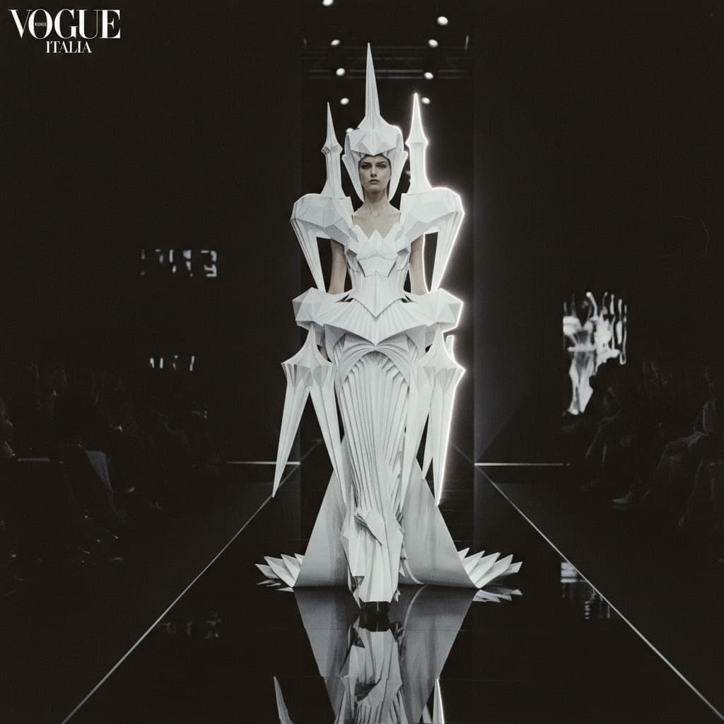 High-fashion model in an architectural couture gown of folded white origami paper on a black mirror runway.