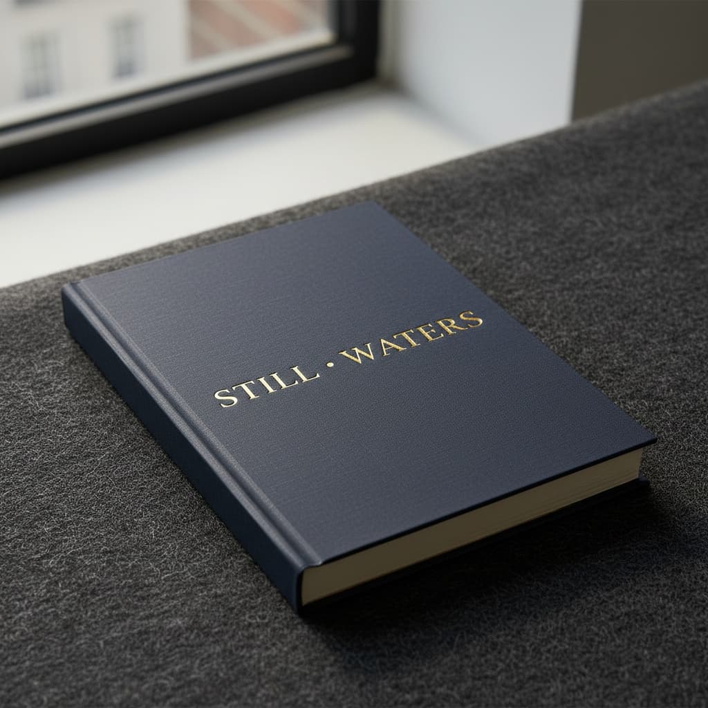 Studio product photo of a luxury notebook on charcoal felt with gold-leaf 'STILL · WATERS' debossed on the cover.