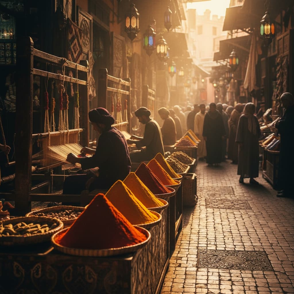 Cinematic photograph of a bustling Marrakech souk at golden hour, vibrant spice piles and weavers.
