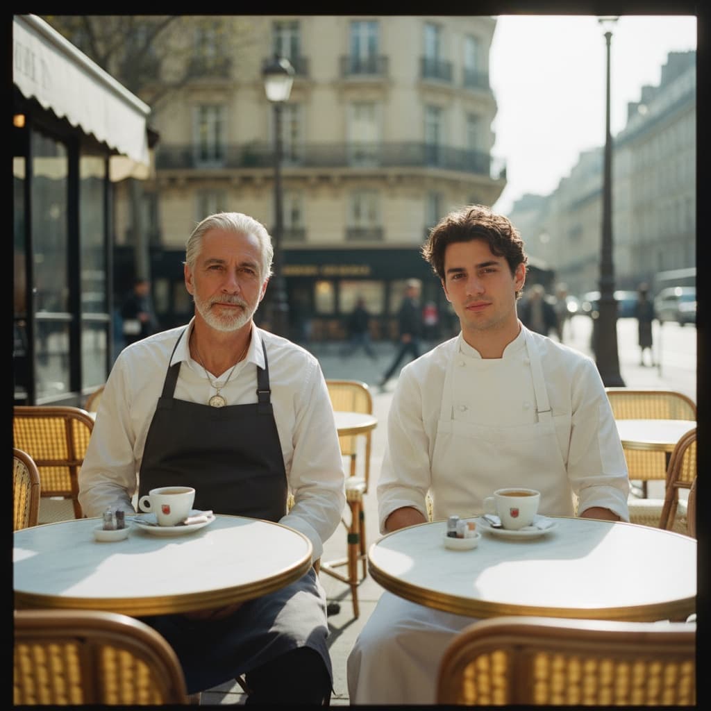Two recurring characters at a sunlit Parisian sidewalk café — sommelier and chef held consistent across the frame.