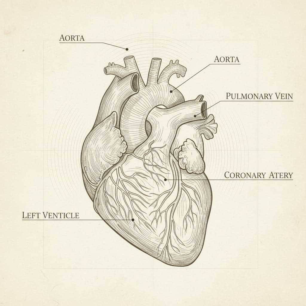 Hyper-detailed scientific cross-section illustration of a beating human heart, anatomically labeled.