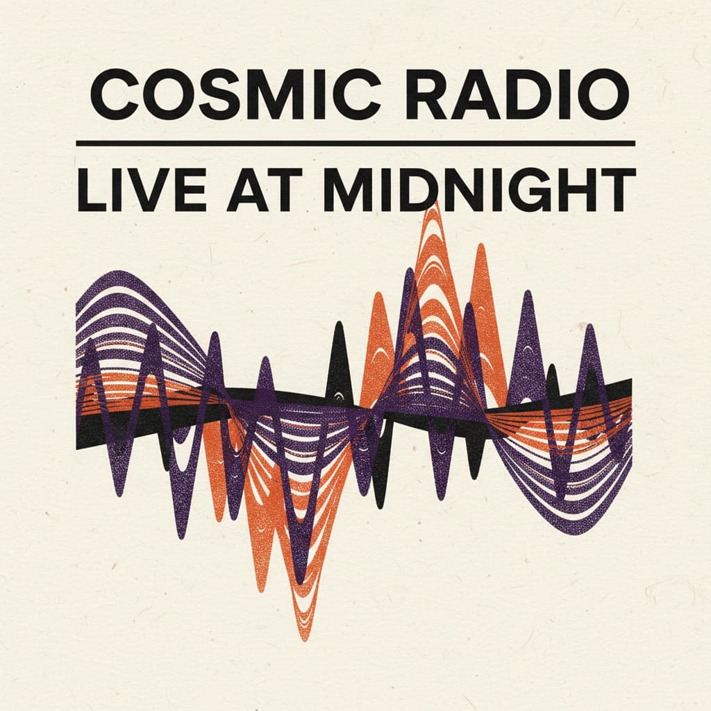 Modernist concert poster reading 'COSMIC RADIO · LIVE AT MIDNIGHT'.