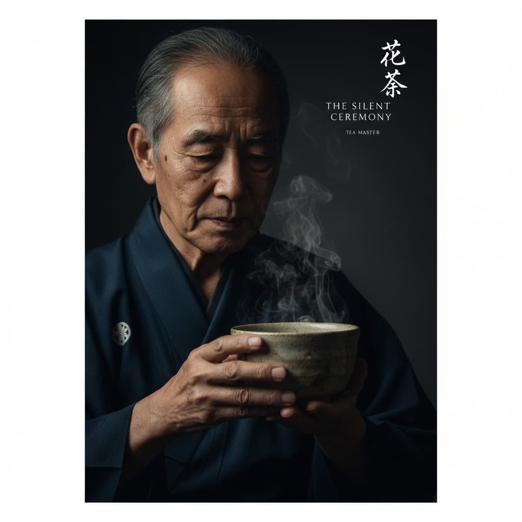 Photorealistic studio portrait of an elderly Japanese tea master cradling a matcha chawan.