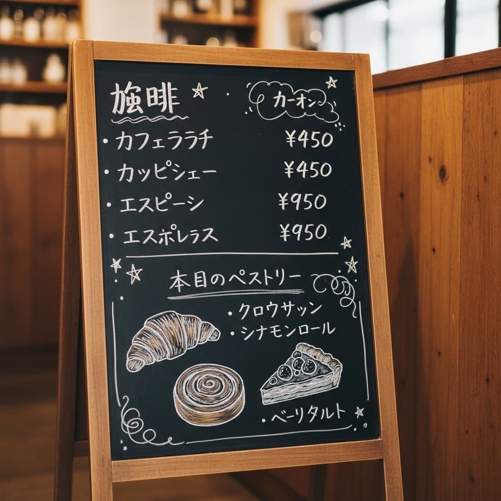 A Tokyo coffee-shop chalkboard menu written in Japanese with hand-drawn pastry illustrations.