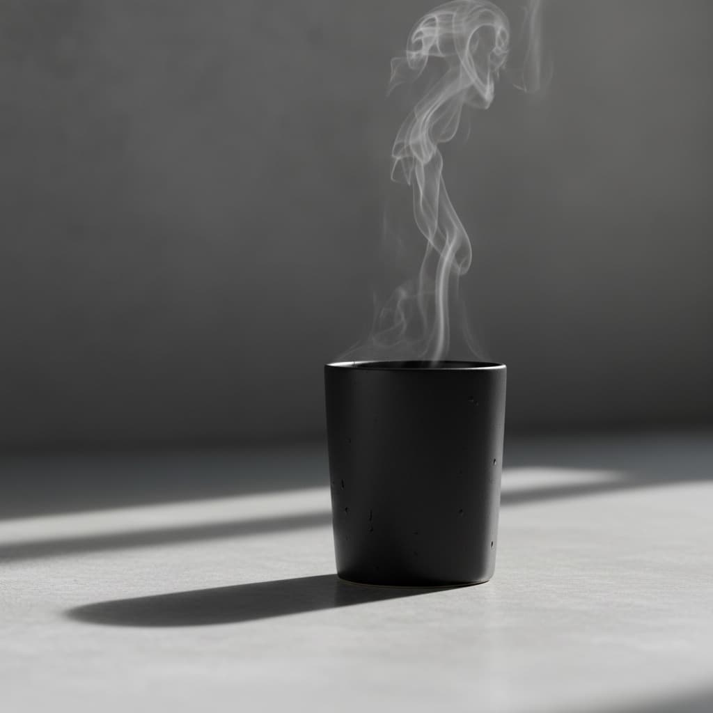 Studio product photo of a matte black ceramic coffee cup on polished concrete with soft daylight and faint steam.