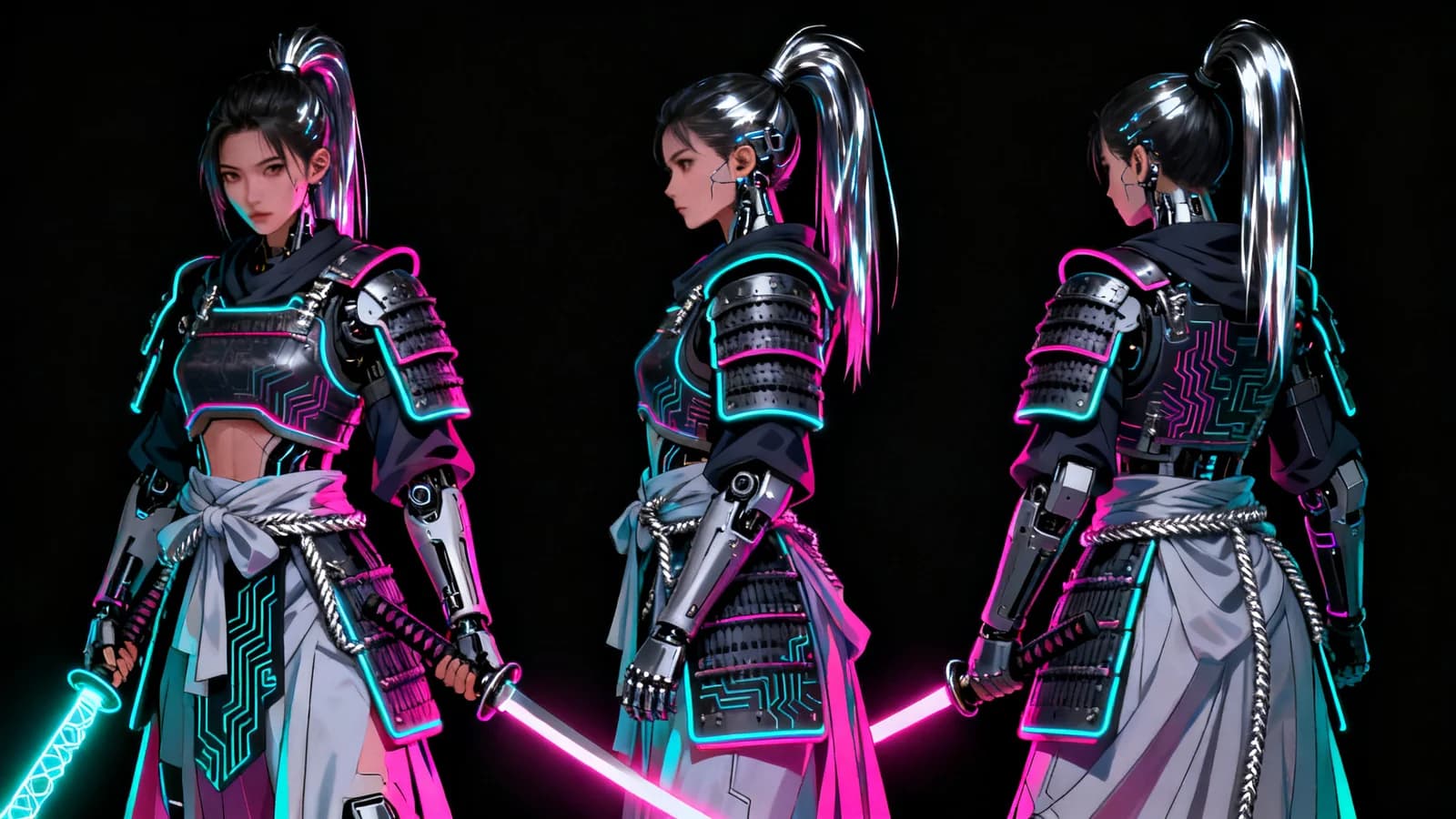 Three-pose character sheet of a cyberpunk samurai with magenta-cyan neon lighting.
