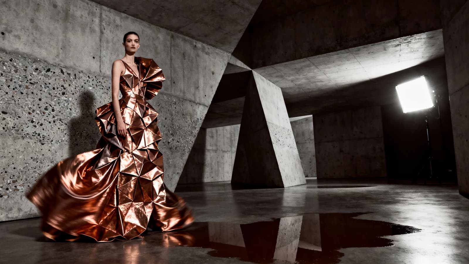 High-fashion editorial of a model in avant-garde couture.