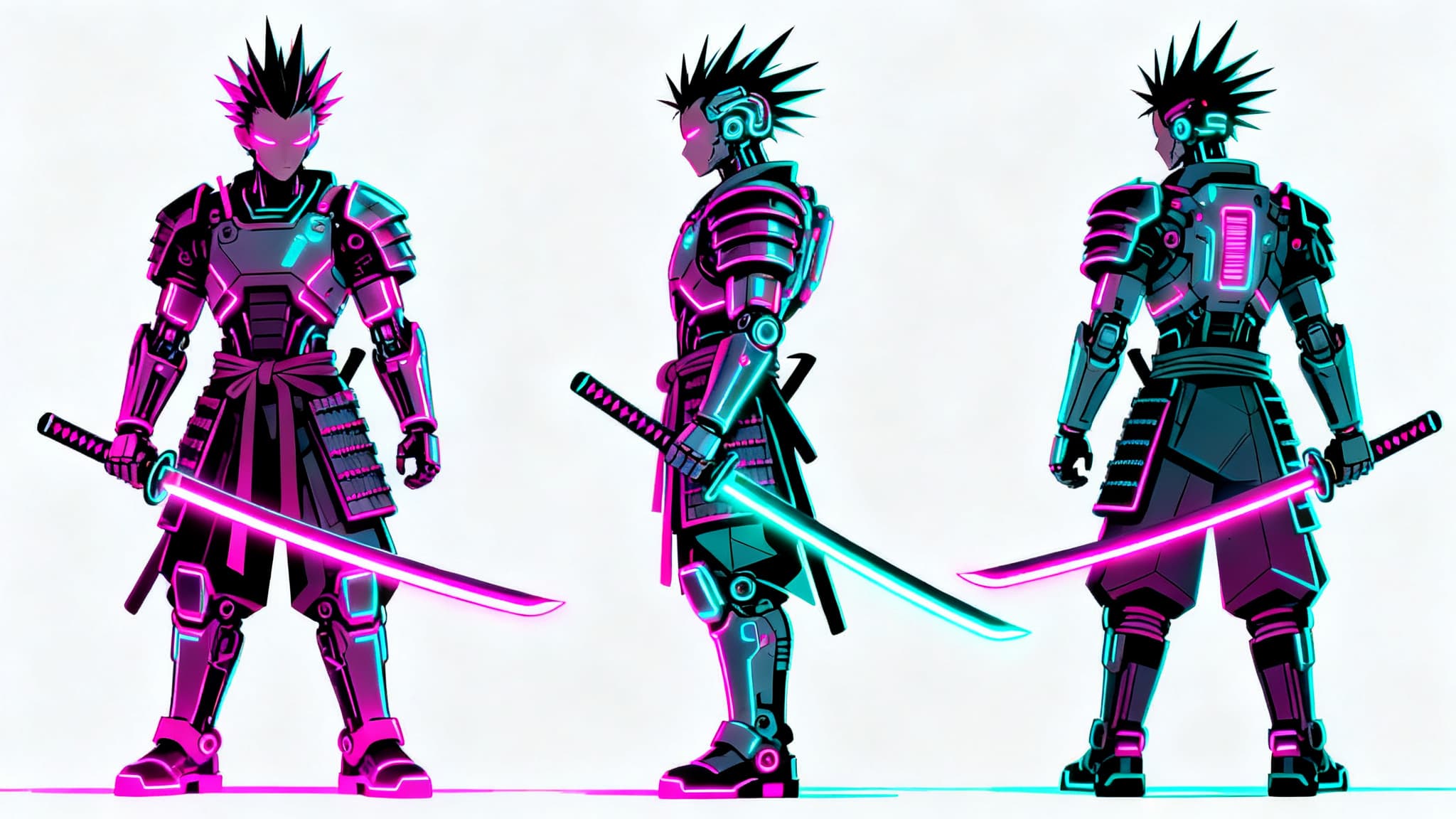 Cyberpunk samurai three-pose character sheet with magenta-cyan neon lighting.