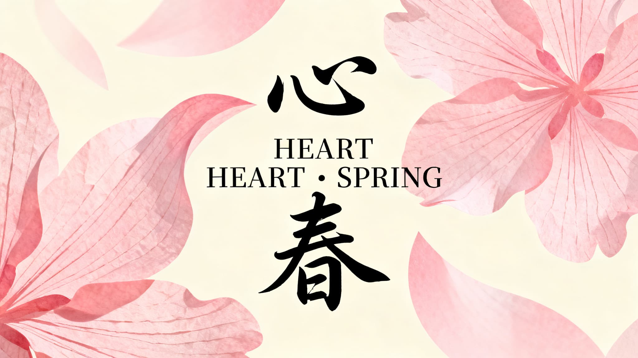 Bilingual brand poster reading '心 HEART · 春 SPRING' in brush calligraphy and serif Latin.