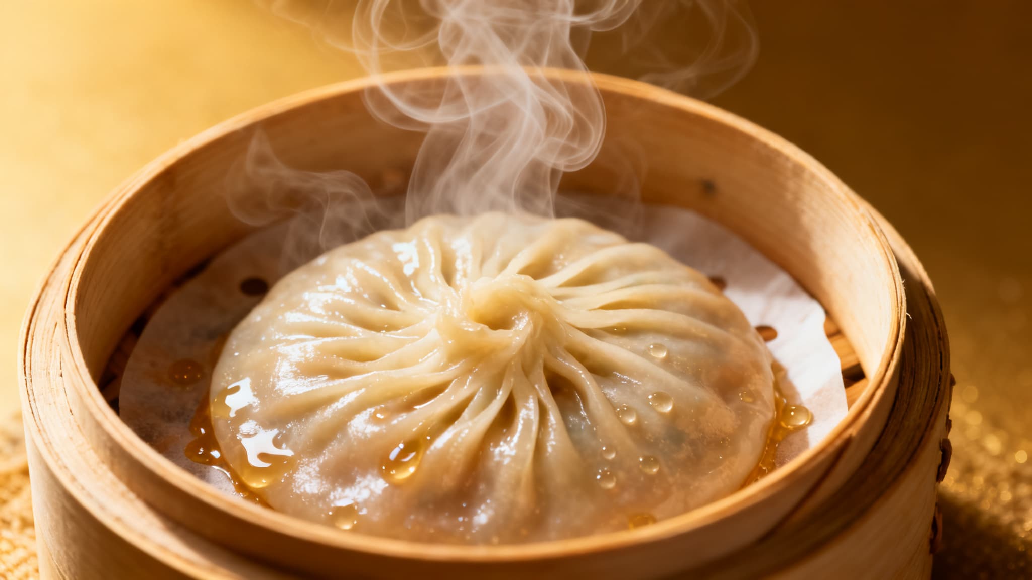 Hyper-detailed close-up of a Taiwanese xiaolongbao basket steaming.