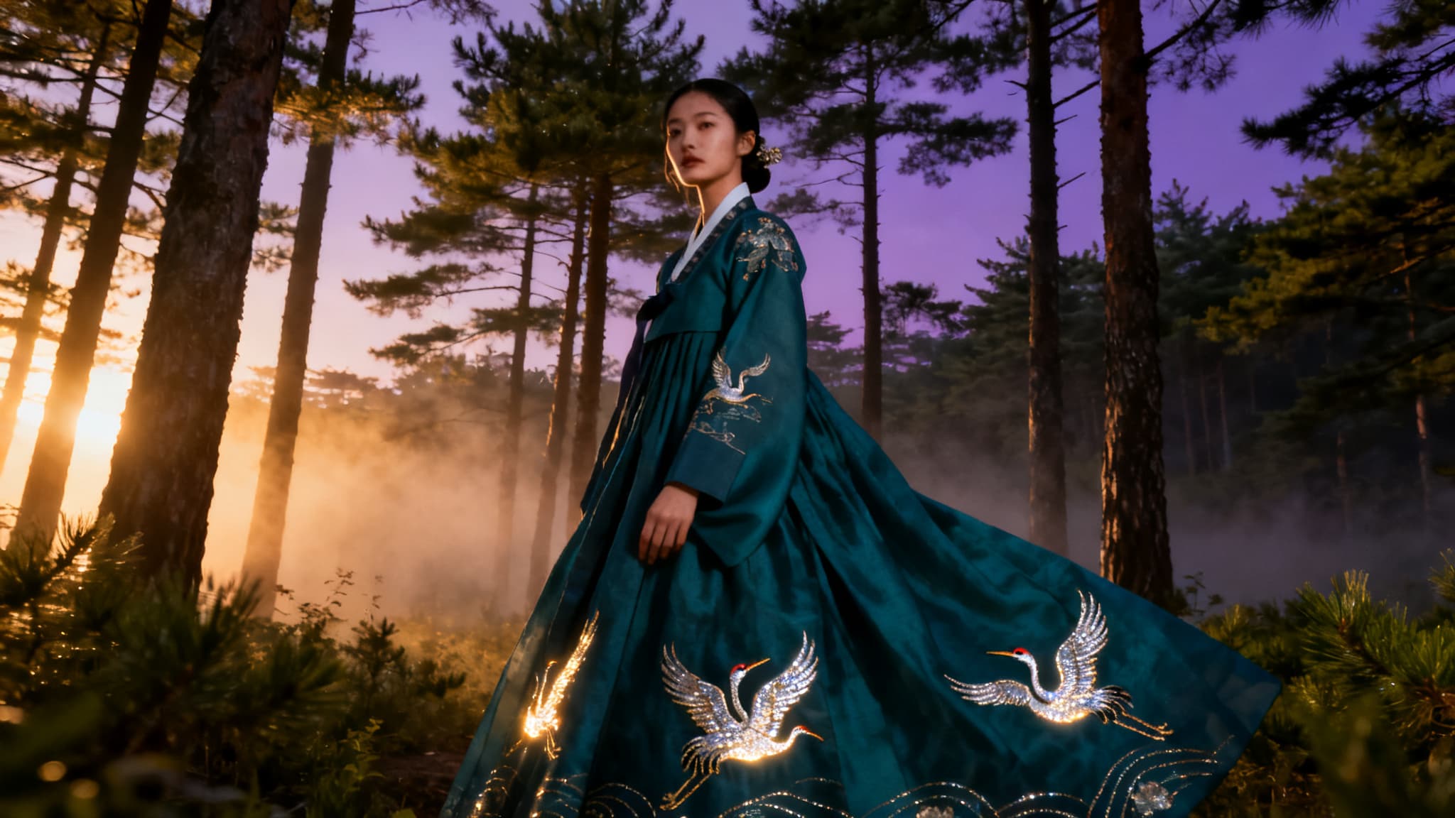 Korean hanbok fashion editorial in a moody pine forest at dusk.