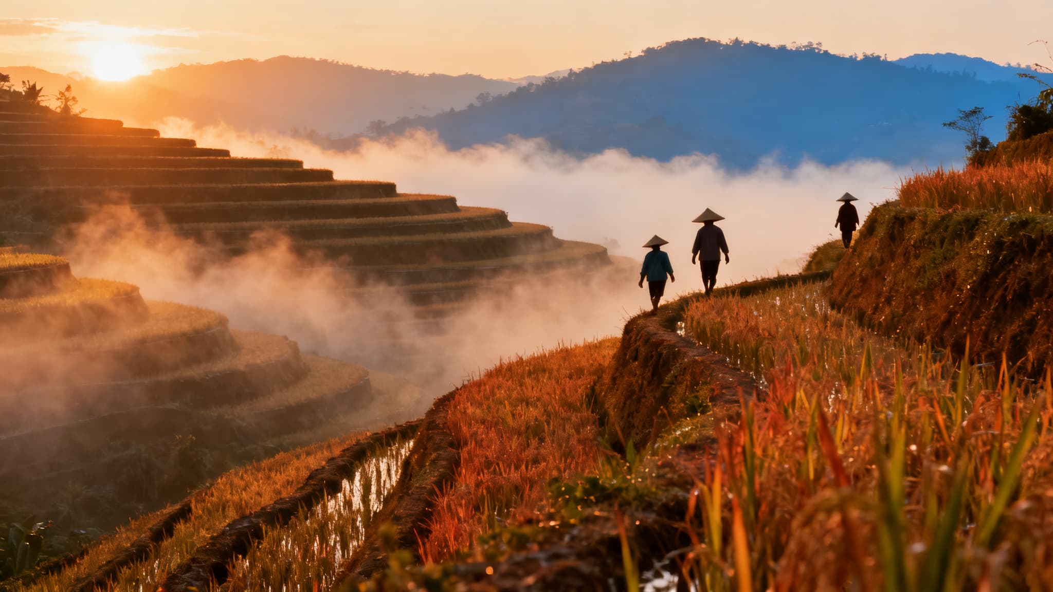 Vietnamese rice terrace at golden hour with farmers in conical hats.